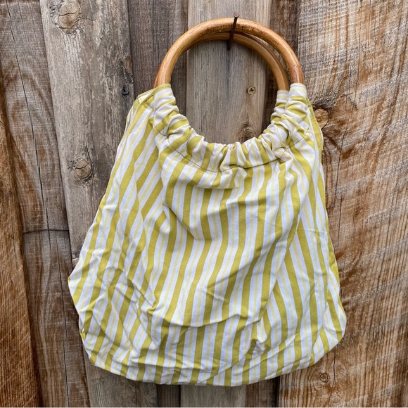 Green and orange floral canvas purse with circular bamboo handle, reversible! - Picture 12 of 14